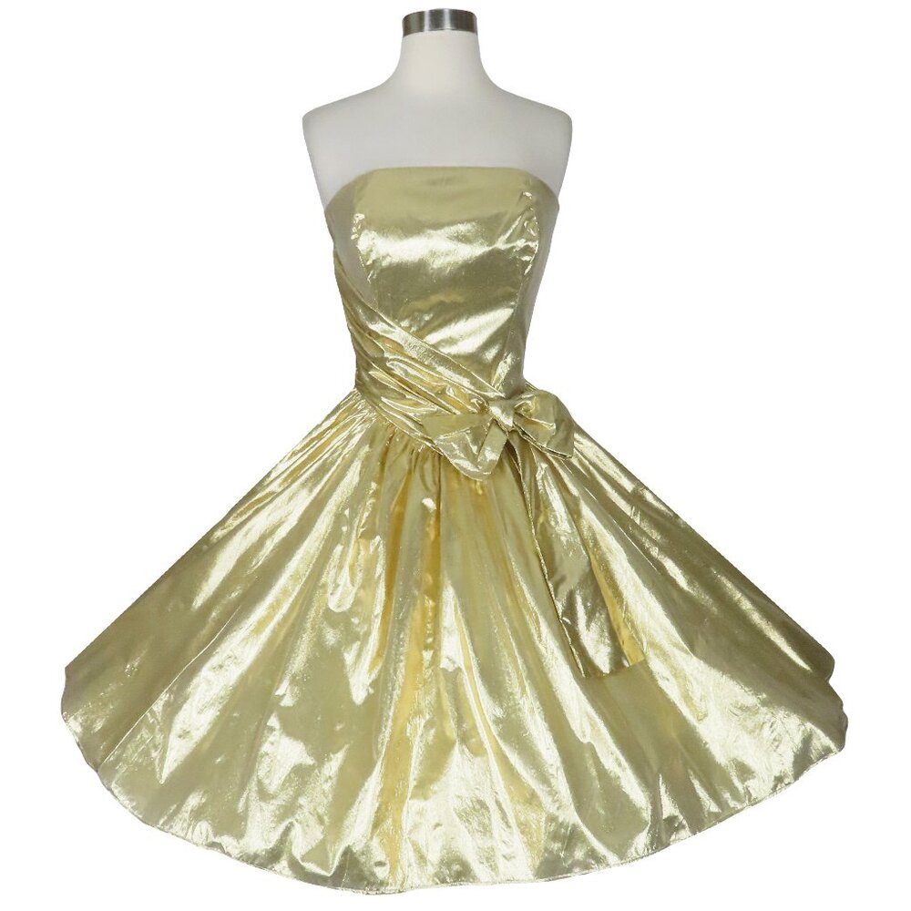 Vintage 80s 50s Gold Shiny Metallic Lamé Foil Loralie Prom Party Dress S NOS Tag